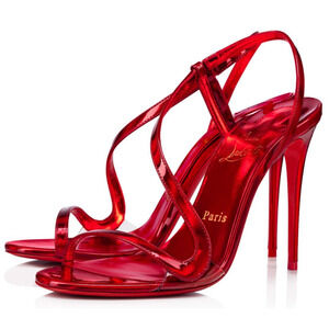 Christian Louboutin Rosalie 100 Red Patent PVC Ankle Strap Sandal Heel Pump 38.5